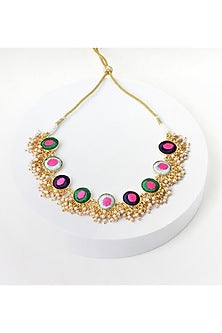 Matte Gold Finish Multi-Colored Embroidered & Pearl Hanging Layered Necklace