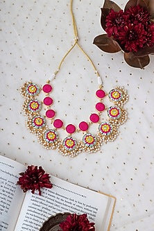 Matte Gold Finish Zari Silk Embroidered & Pearl hanging Layered Necklace