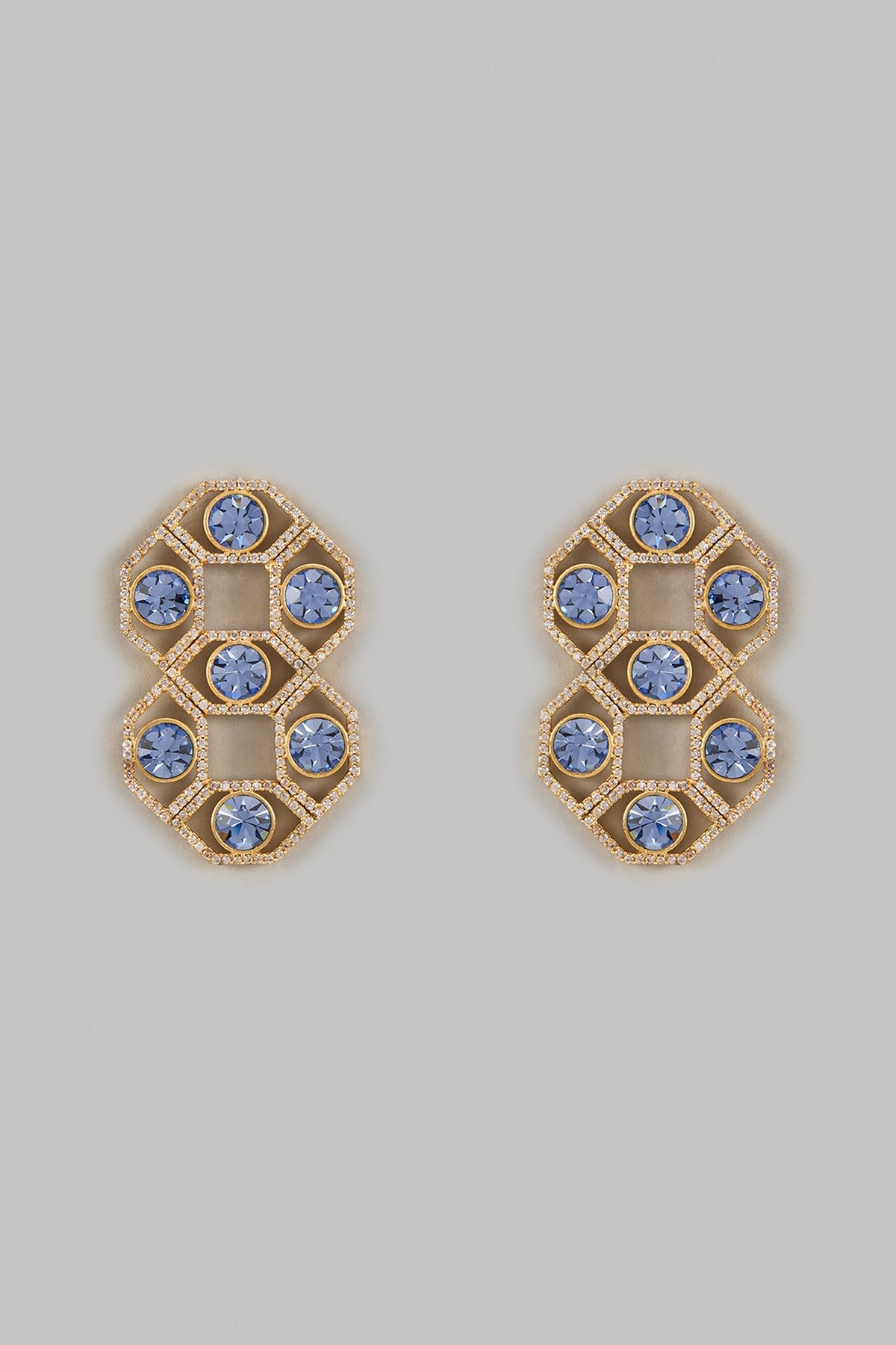 Gold Plated Sapphire Crystals & White Diamond Dangler Earrings