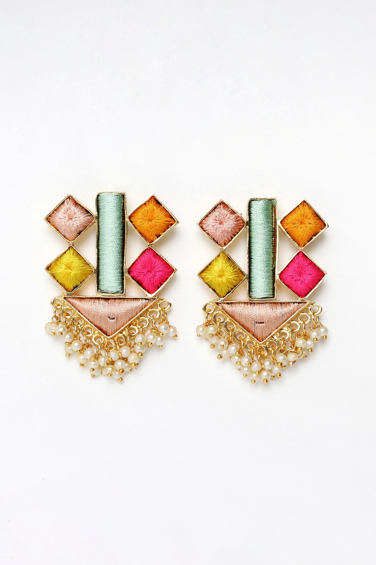 Matte Gold Finish Multi-Colored Embroidered & Pearl Geometrical Stud Earrings