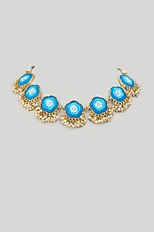 Gold Finish Blue Embellished Necklace