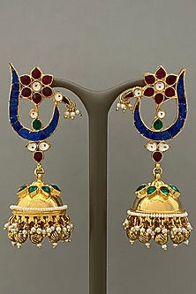Gold Finish Blue & Red Enameled Earrings