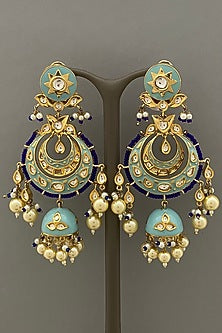 Gold Finish Blue Enameled Long Earrings