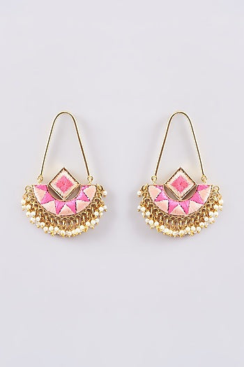 Matte Gold Finish Silk Thread Embroidered & Pearl Chandbali Earrings