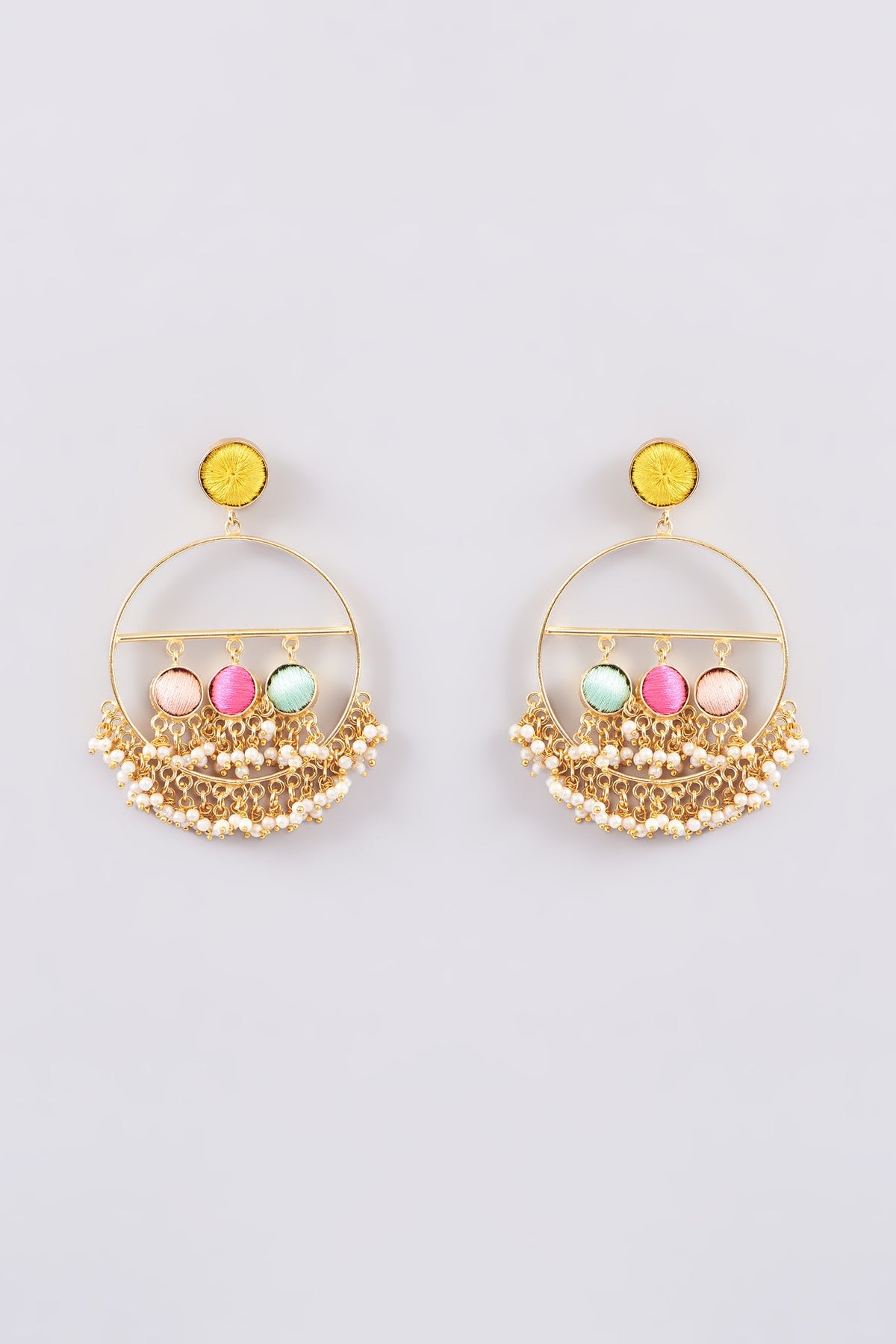 Matte Gold Finish Multi-Colored Silk Thread Embellished & Pearl Dangler Earrings