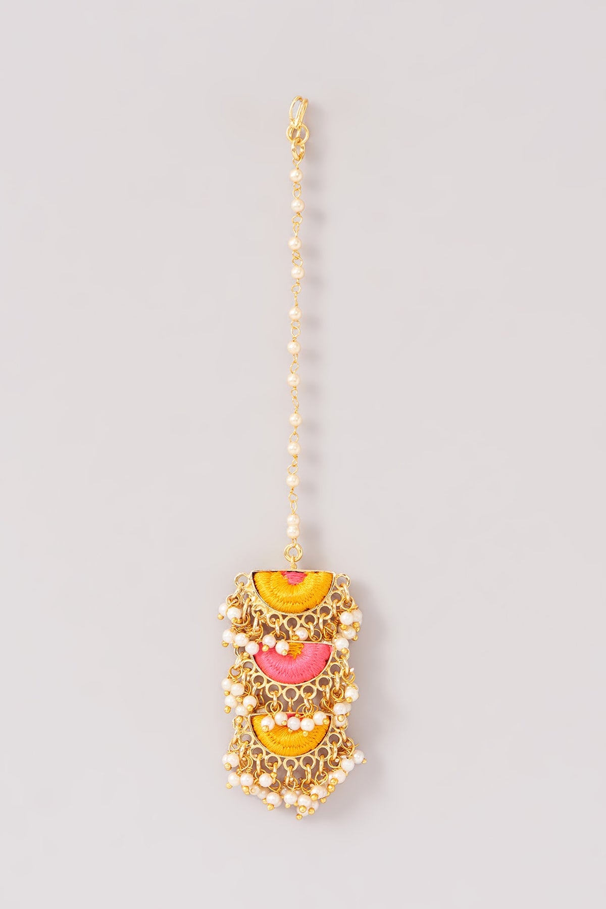 Matte Gold Finish Pink & Yellow Silk Thread Embroidered Layered Necklace Set