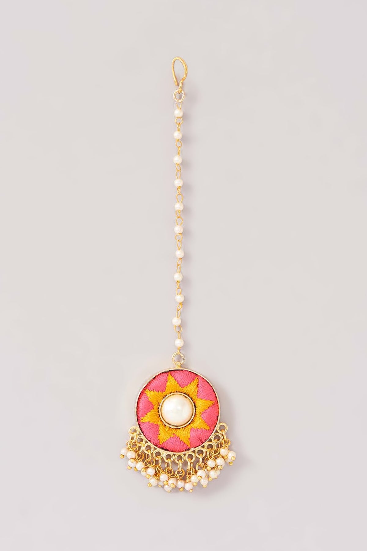 Matte Gold Finish Pink & Yellow Silk Thread Embroidered Necklace Set