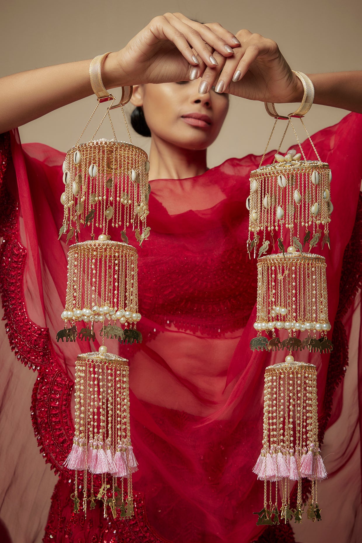 Gold Finish Shell & Charm Layered Kaleeras (Set Of 2)