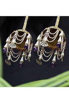 Gold Finish Pink Kundan Polki & Purple Stone Kaleeras (Set of 2)