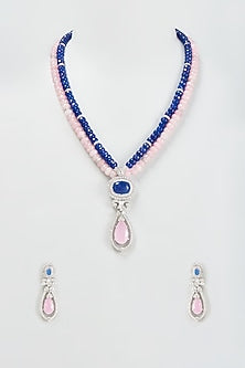 White Finish Zircon & Stone Beaded Long Necklace Set