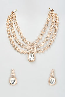 Gold Finish Kundan Polki & Zircon Layered Long Necklace Set