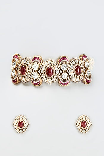 Gold Finish Kundan Polki & Ruby Stone Choker Necklace Set