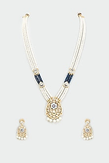 Gold Finish Kundan Polki & Pearl Long Necklace Set