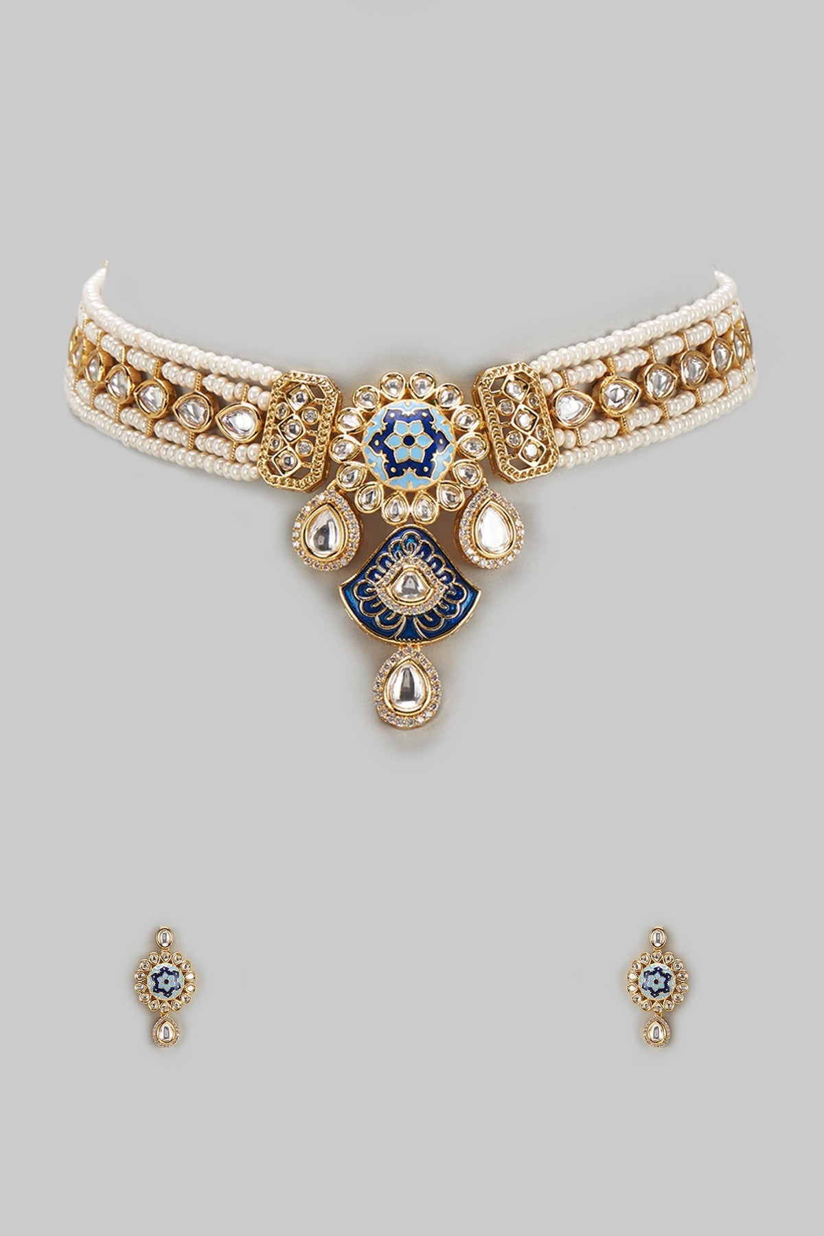 Gold Finish Kundan Polki & Pearl Choker Necklace Set