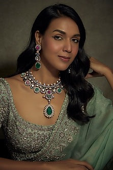 Two-Tone Finish Kundan Polki & Multi-Colored Stone Long Necklace Set