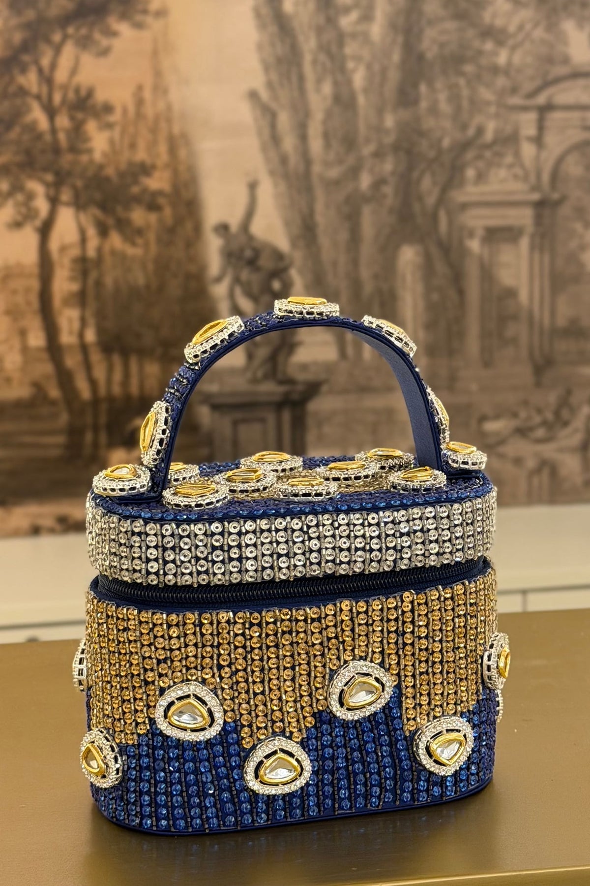 Blue Satin Polki Embellished Handcrafted Clutch