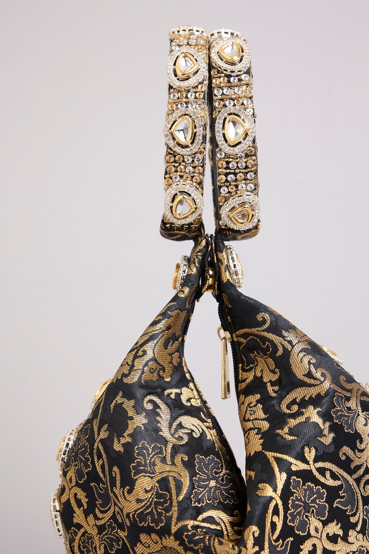 Black Brocade Polki & Sequins Embellished Clutch