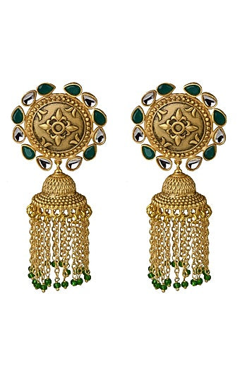 Gold Finish Stone Earrings With Tassels