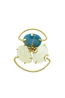 Gold Finish Handcrafted Natural Stone Ring In Brass