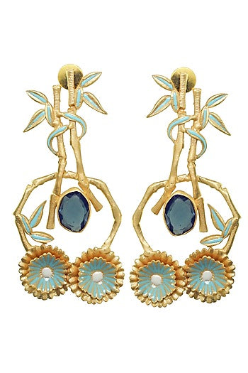 Gold Finish Stones Enamelled Motifs Earrings
