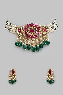Gold Finish Jadau Kundan Polki Choker Necklace Set
