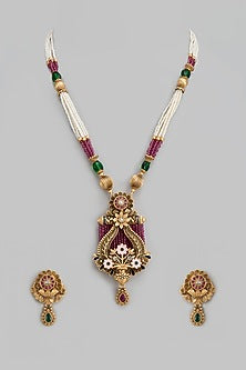 Gold Finish Kundan Polki Long Necklace Set
