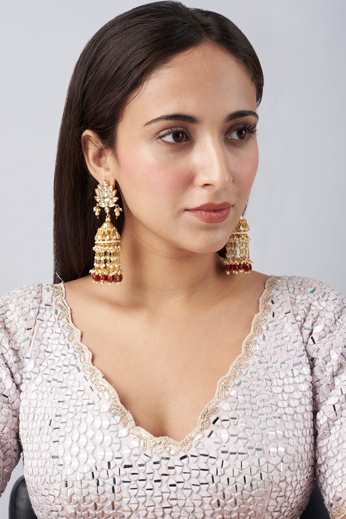 Gold Finish Kundan Polki Jhumka Earrings