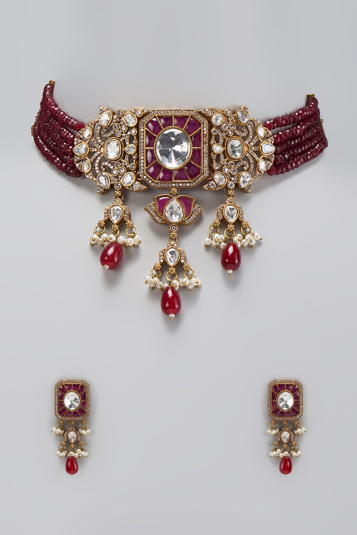 Gold Finish Kundan Polki & Mother Of Pearl Choker Necklace Set