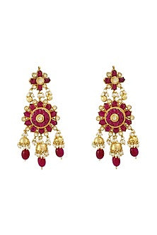Gold Finish Red Stone & Kundan Floral Dangler Earrings