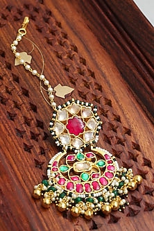 Gold Finish Maangtikka With Multi-Colored Kundan Polki