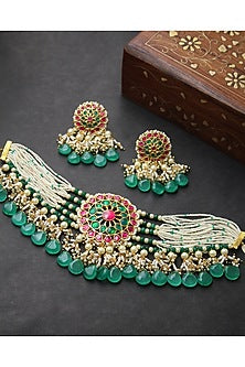 Gold Finish Multi-Colored Kundan Choker Necklace Set