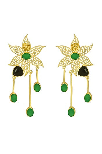 Gold Finish Stone Floral Dangler Earrings