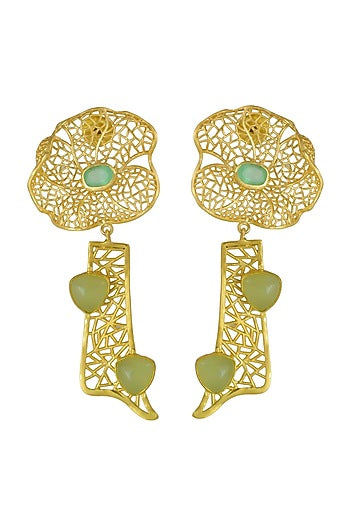 Gold Finish Stone Floral Dangler Earrings