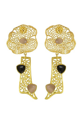Gold Finish Stone Floral Dangler Earrings