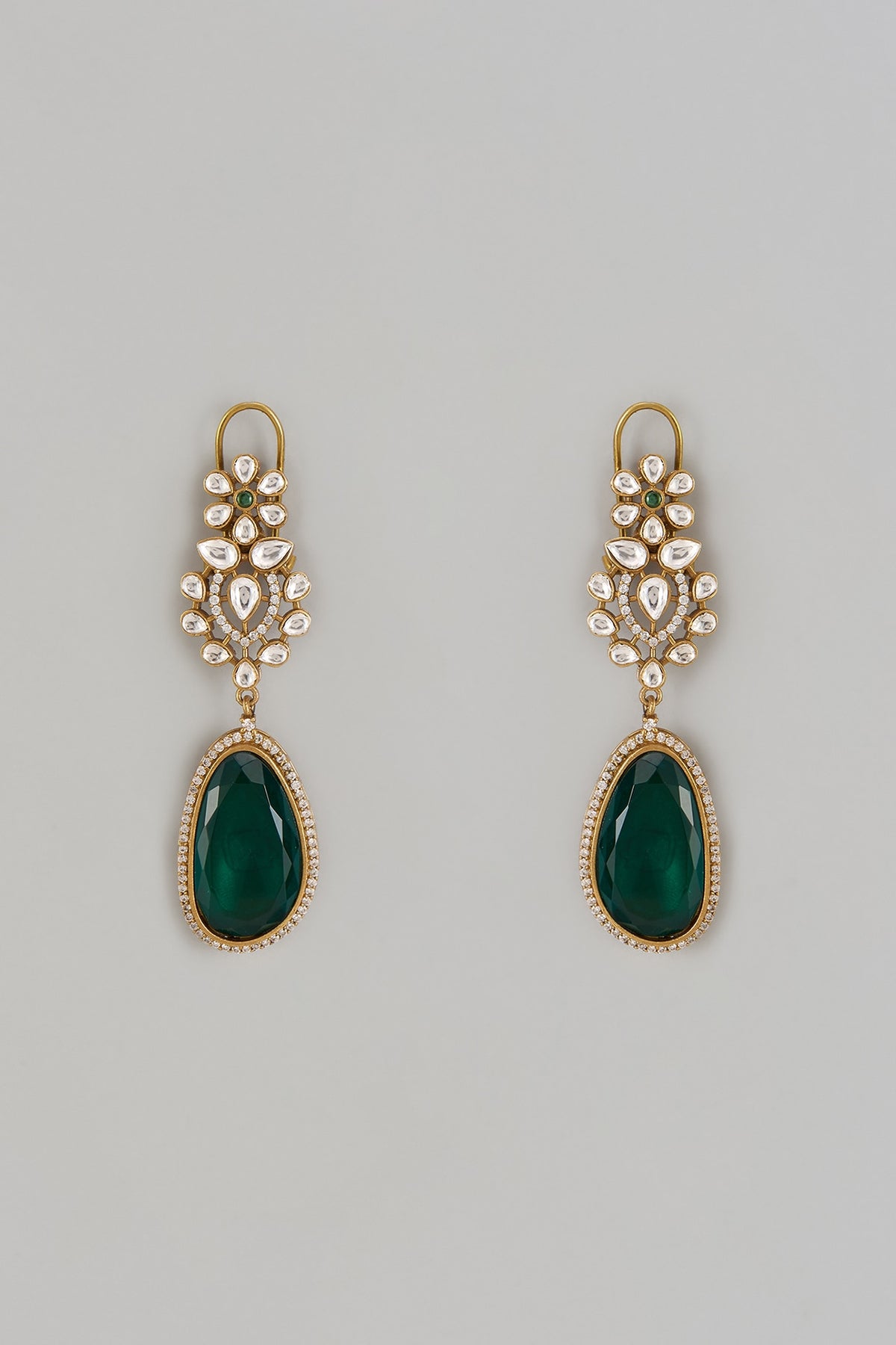 Gold Finish Green Doublet & CZ Stone Dangler Earrings