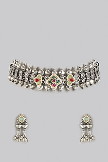 Oxidized Silver Finish Kundan Polki Choker Necklace Set