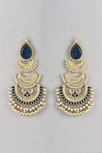 Gold Finish Blue Stone & Beaded Chandbali Earrings