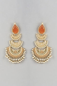 Gold Finish Orange Stone & Beaded Chandbali Earrings