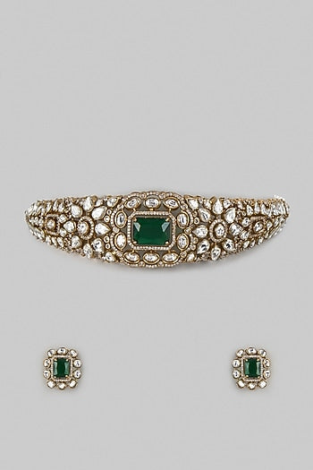 Gold Finish Kundan Polki & Green Stone Choker Necklace Set