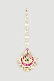 Gold Finish Kundan Polki Maang Tikka With Pearls