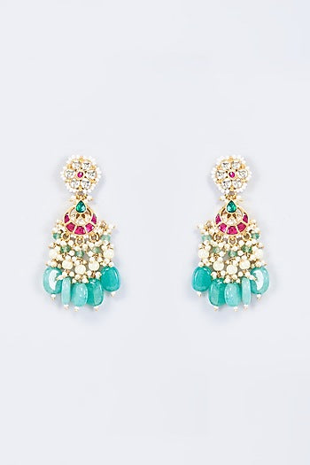 Gold Finish Multi-Colored Kundan Polki Dangler Earrings