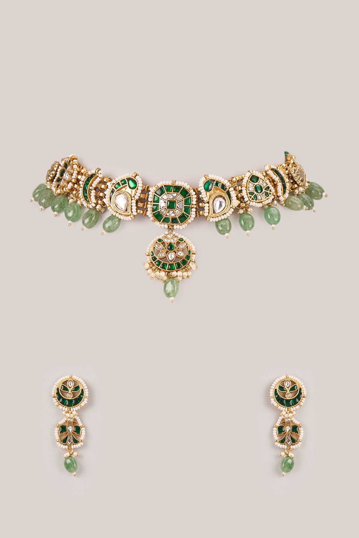 Antique Gold Finish Kundan Polki & Emerald Stone Necklace Set