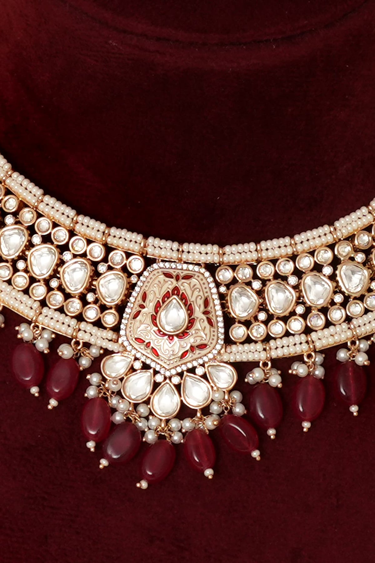 Gold Finish Kundan Polki Meenakari Necklace Set