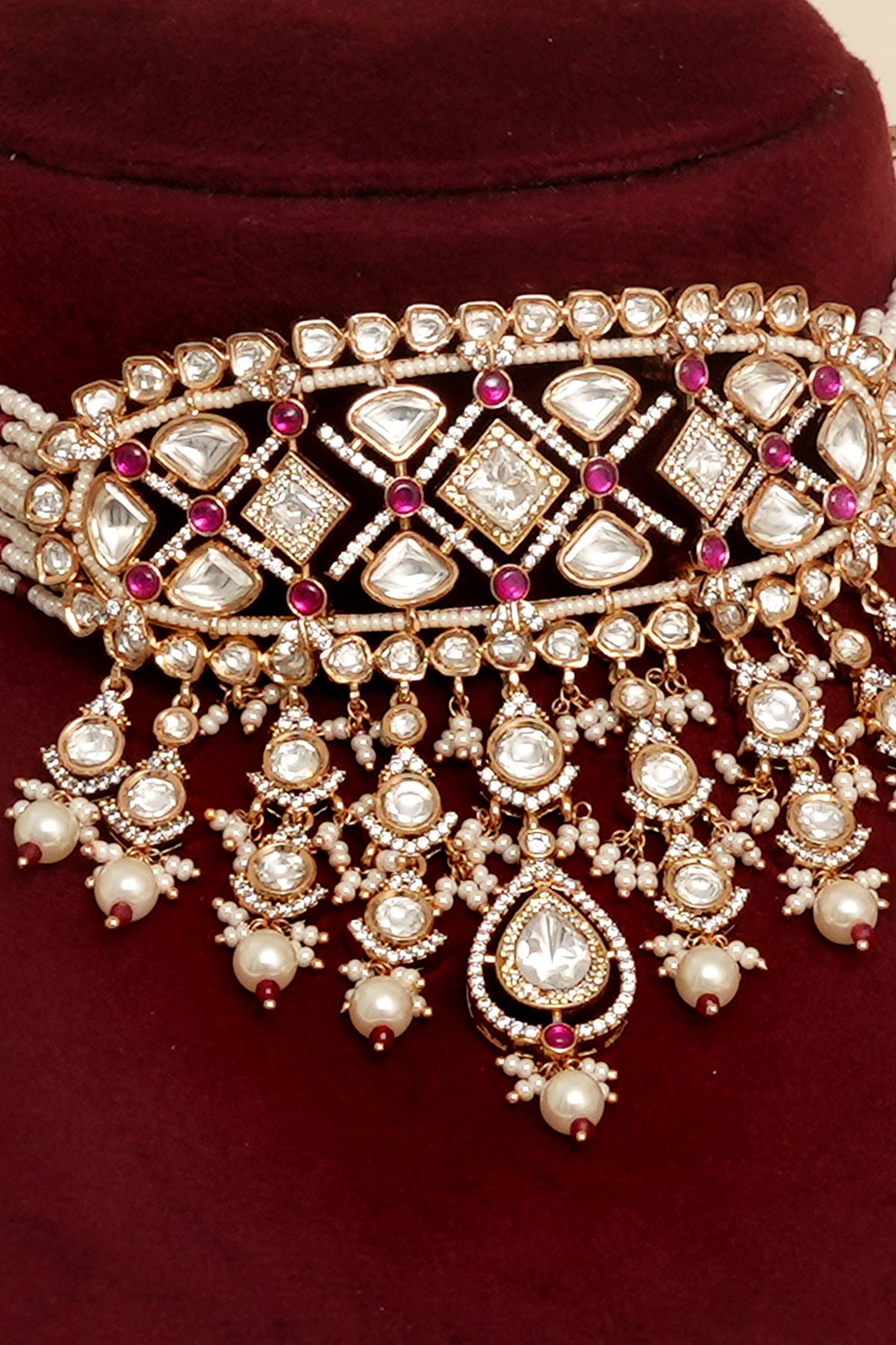 Gold Plated Kundan Polki & Ruby Stone Choker Necklace Set