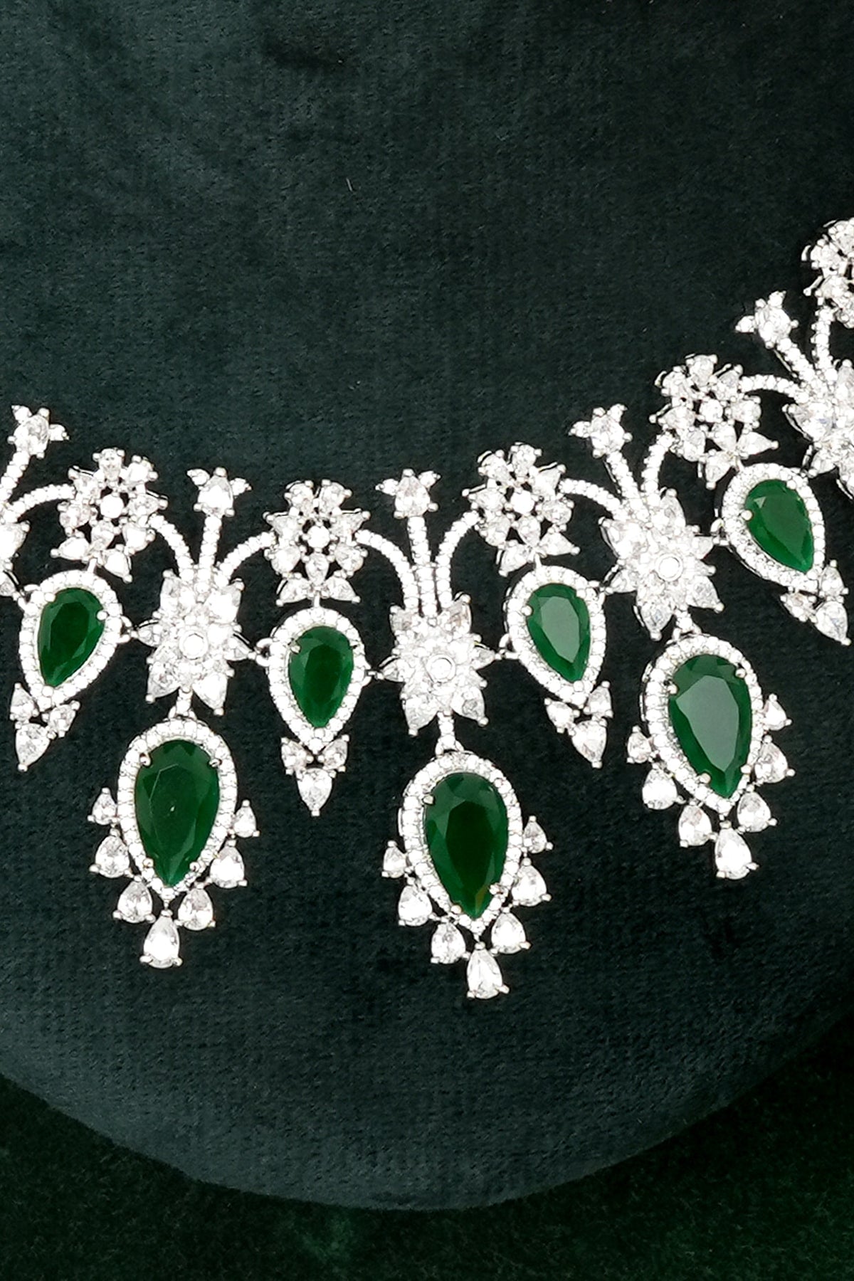 Silver Finish Zircon & Emerald Stone Necklace Set