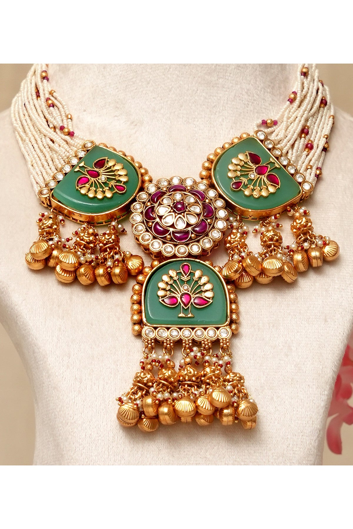 Gold Plated Kundan Polki & Multi-Colored Stone Necklace Set