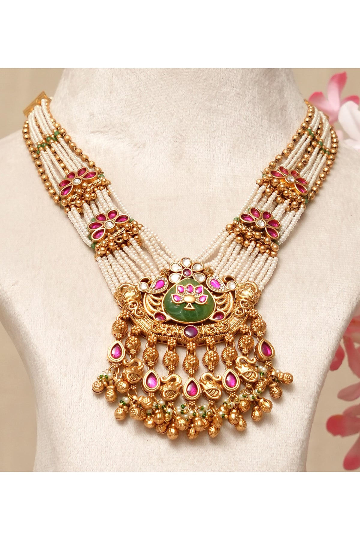 Gold Plated Kundan Polki & Multi-Colored Stone Necklace Set