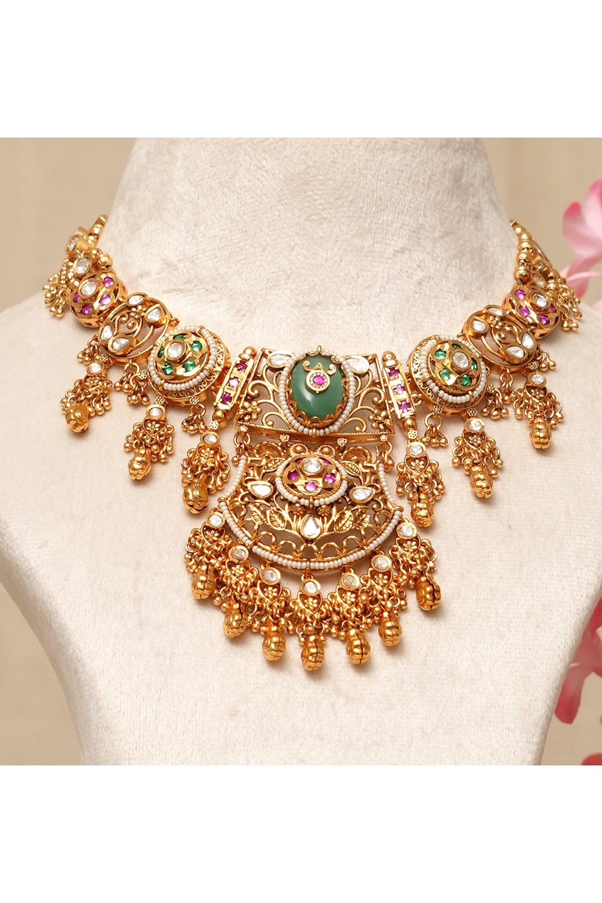 Gold Plated Kundan Polki & Multi-Colored Stone Necklace Set