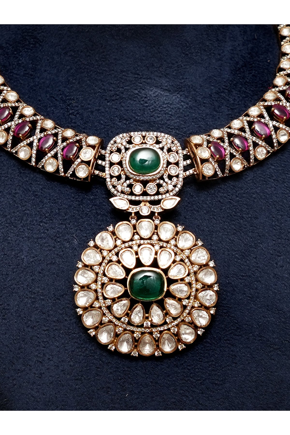 Gold Finish Kundan Polki & Ruby Stone Necklace Set