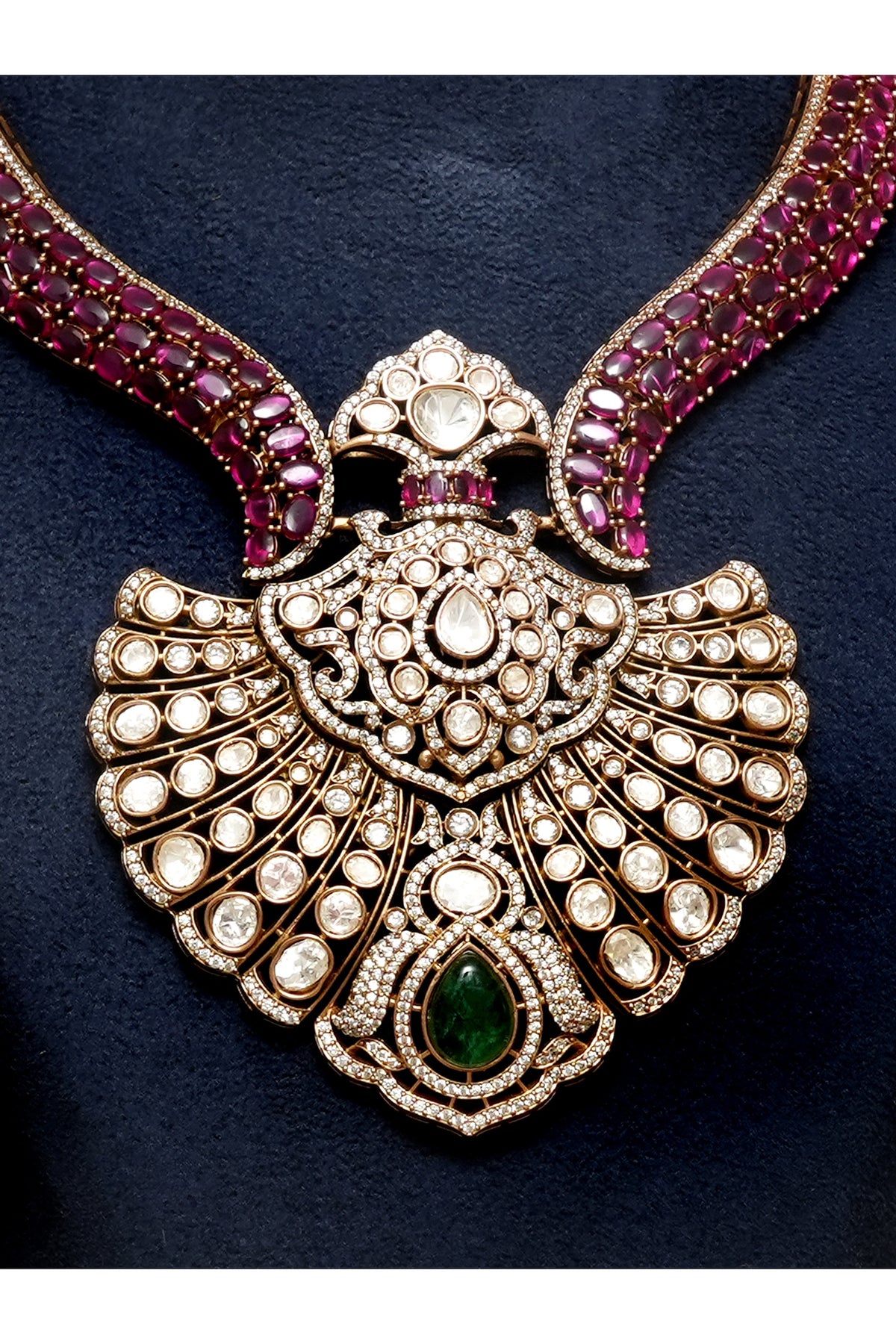 Gold Finish Kundan Polki & Ruby Stone Necklace Set